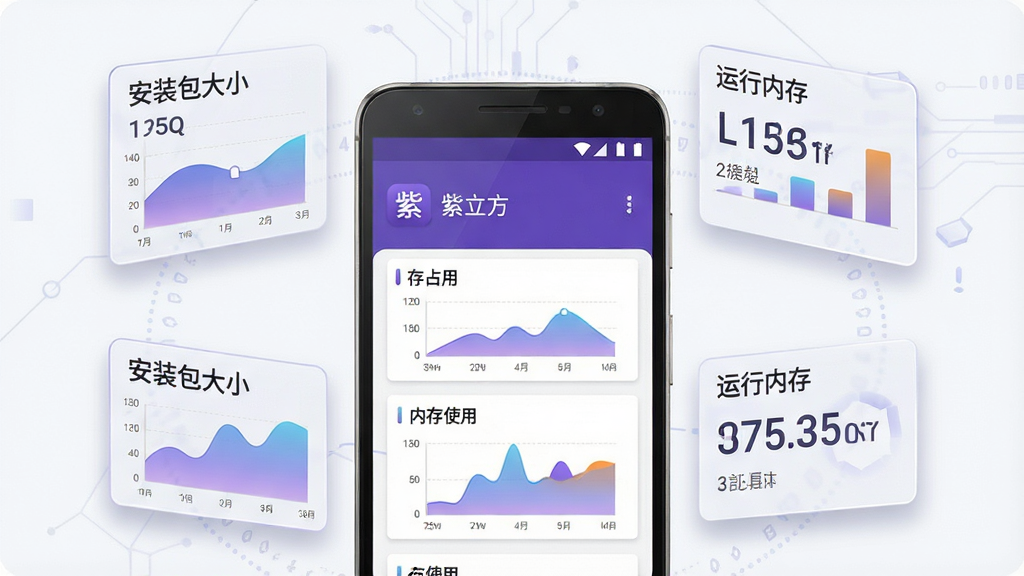 一张展示软件安装包体积与资源占用对比的示意图,画面中央是一部安卓手机,手机屏幕显示“紫立方”的应用信息页面,包含存储占用与内存使用的小型图表,手机周围环绕几个半透明的数据卡片,分别标注安装包大小与运行内存数值,布局为环绕式构图,风格为科技感扁平插画风,细节包括图表的渐变填充、卡片的投影效果、手机边框的金属质感,画质清晰干净,画面中文字为“紫立方”,无多余装饰