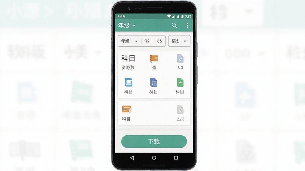 小源大厅软件主界面全貌展示,主体为一部竖屏安卓手机,屏幕内呈现教材资源分类列表与下载按钮布局,排版为居中构图,风格为清爽扁平化UI设计,细节包含年级筛选栏、科目图标与文件大小标注,画质高清,干净,无多余元素