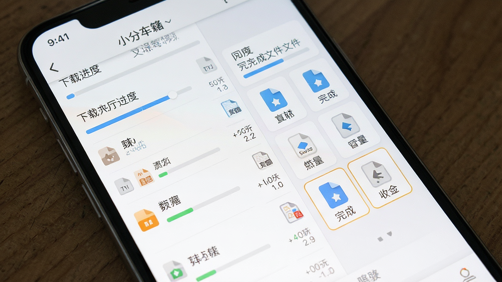 小源大厅课件下载与本地文件管理界面,主体为手机屏幕内下载进度列表与已完成文件收纳区,布局为左右分栏式信息呈现,排版紧凑合理,风格为浅色系工具类应用界面,细节包含进度条、文件格式图标与存储容量提示,画质高清,干净,无多余元素