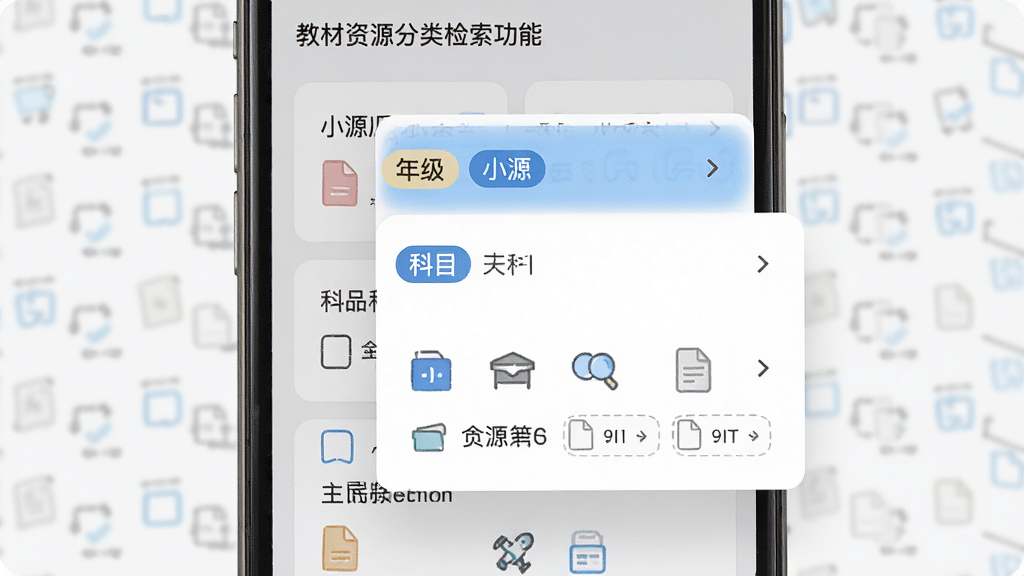 小源大厅教材资源分类检索功能展示,主体为手机屏幕内三级筛选菜单展开状态,布局为上下分层排列,排版清晰有序,风格为现代简约卡片式设计,细节包含年级标签高亮、科目图标排列与文件信息标注,画质高清,干净,无多余元素