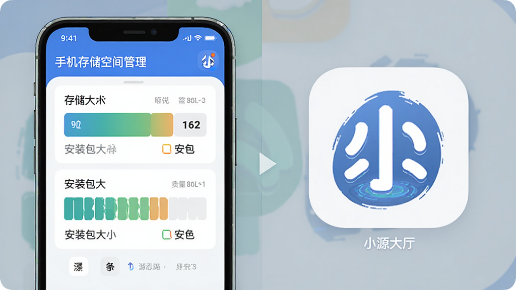 小源大厅轻量安装特性示意图,主体为手机存储空间管理界面与小源大厅应用图标并列展示,布局为上下对比构图,排版简洁明了,风格为科技感扁平插画,细节包含存储条对比、安装包大小标注与应用图标,画质高清,干净,无多余元素