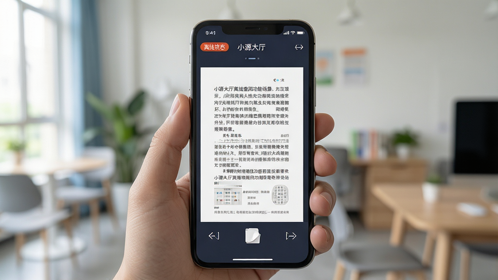 小源大厅离线查阅功能场景展示,主体为手持手机在无网络环境下打开课件文档的画面,布局为手机屏幕居中特写,排版突出文档阅读区域,风格为生活化场景与界面结合,细节包含顶部离线状态标识与文档翻页控件,画质高清,干净,无多余元素