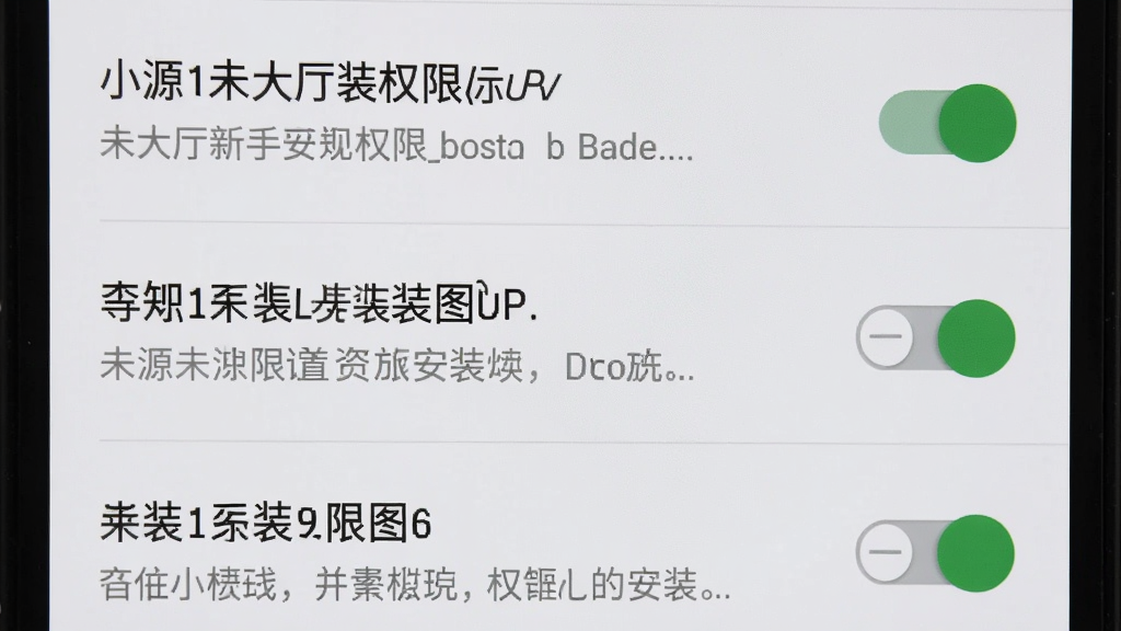 小源大厅新手安装权限设置示意图,主体为安卓手机系统设置界面中未知来源安装权限开关特写,布局为纵向排列的权限选项列表,排版突出开关控件位置,风格为系统原生设置界面风格,细节包含权限说明文字与开关状态标识,画质高清,干净,无多余元素
