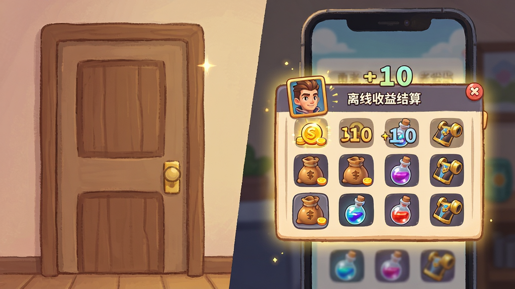 画面左侧是一扇关闭的房门,右侧是手机屏幕亮起显示不休勇者传说离线收益结算弹窗,弹窗内列满金币袋、经验药水和装备图标,布局为左右对比式构图,风格为温馨卡通插画风,细节包括弹窗光效、数字跳动动画感、角色头像框,画质细腻干净,背景简洁无杂乱元素。