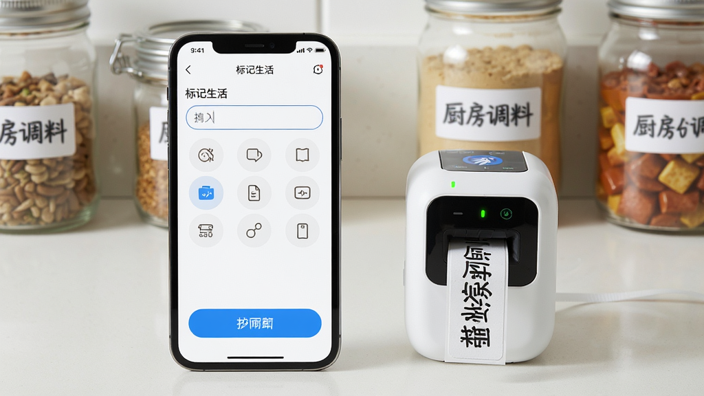 一幅展现移动端标签打印应用场景的图片,画面中央是一部智能手机,手机屏幕上显示