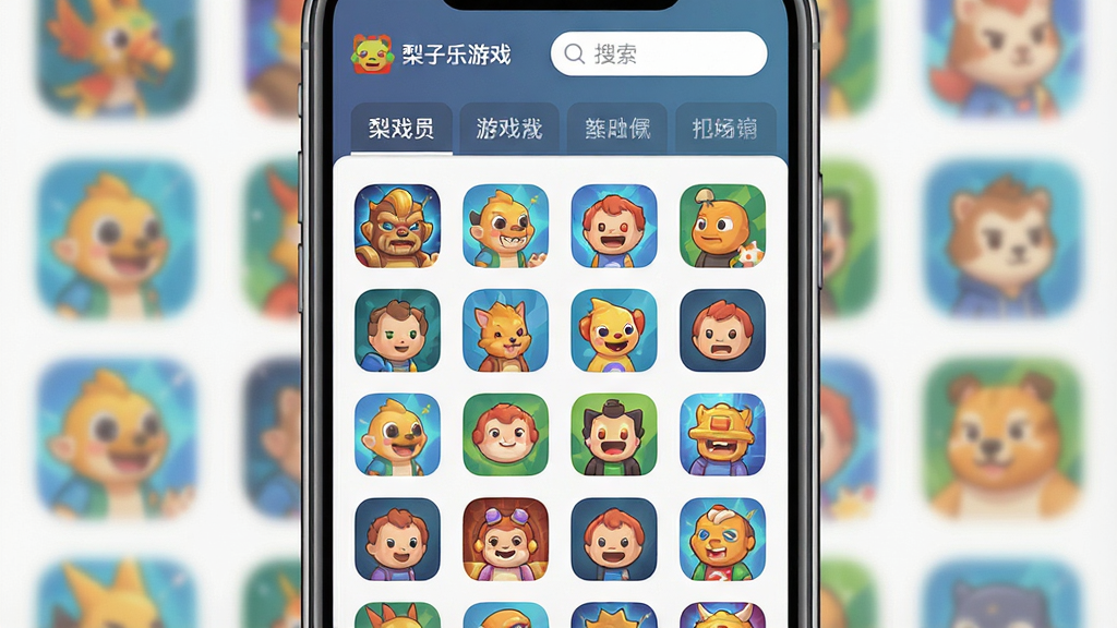 一张表现游戏分类聚合功能的写实图片,主体为手机屏幕内多个彩色游戏图标组成的网格墙,布局上图标整齐排列、顶部有分类标签栏,风格扁平清新,细节包含“梨子乐游戏”字样与搜索框,画质干净清晰,无多余元素