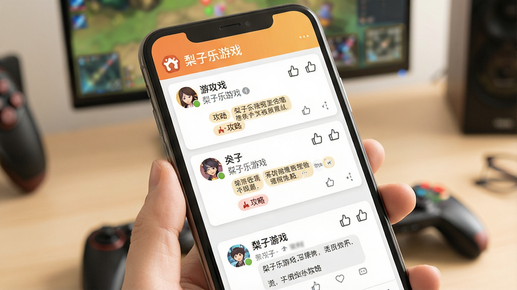 一张表现游戏社区互动场景的写实图片,主体为手机屏幕内社区帖子列表与评论区,布局上帖子卡片纵向排列、顶部有“梨子乐游戏”社区标题,风格温和明亮,细节包含头像、点赞图标与攻略标签,画质清晰干净,无多余元素