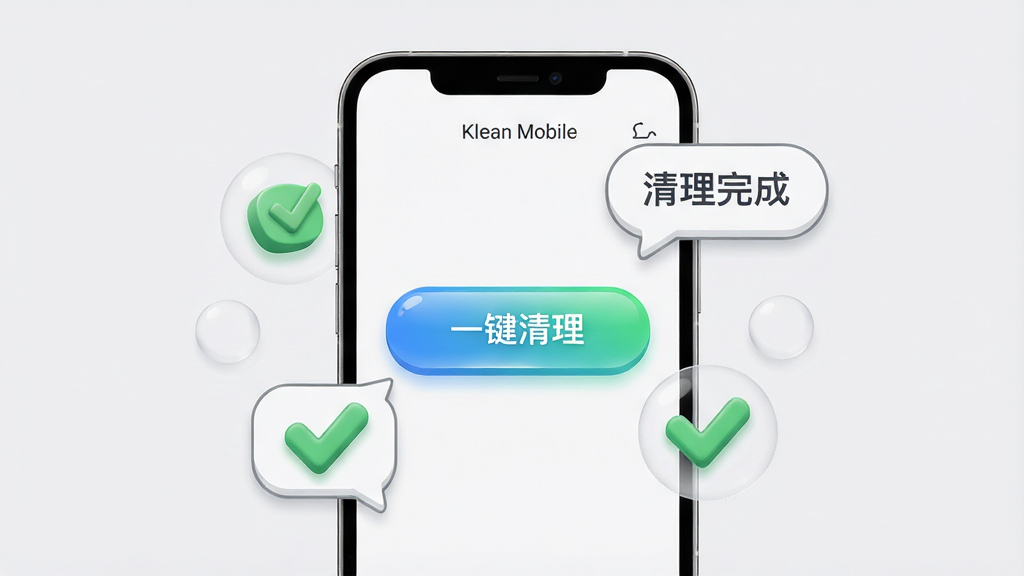 一部手机屏幕显示简洁的一键清理按钮,按钮周围环绕着绿色勾选图标和