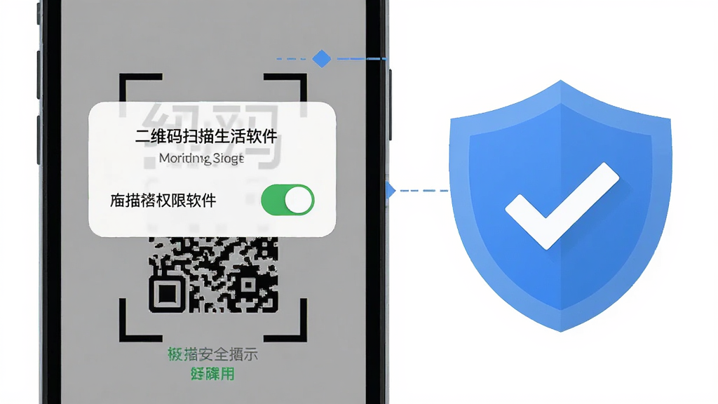 主体是手机屏幕显示权限设置弹窗与扫码界面,旁边配有一个带对勾的盾牌图标;布局为手机与盾牌左右并列;排版清晰;风格为简洁信息图插画;细节包含“二维码扫描生活软件”字样、摄像头权限开关、安全提示文字;画质高清、干净、无多余元素
