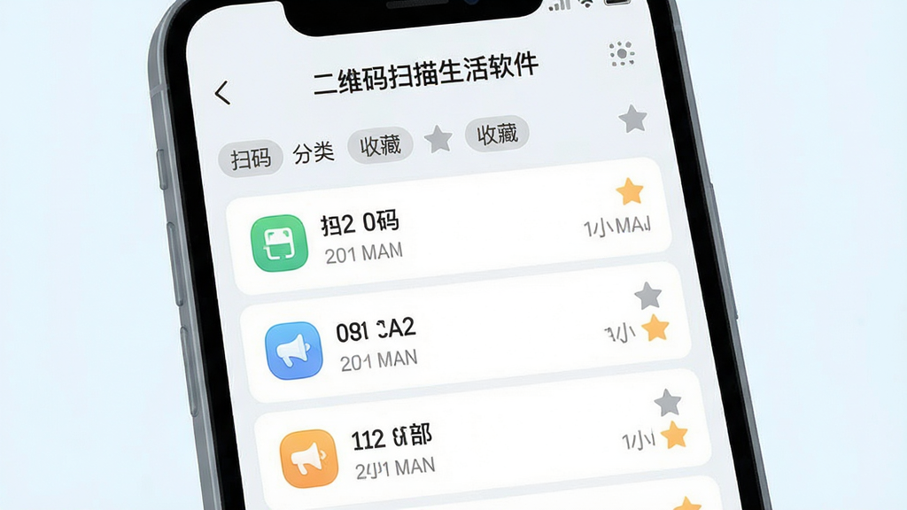 主体是手机界面展示扫码历史记录列表与收藏夹标签页,每条记录带有类型图标与时间;布局为手机屏幕特写居中;排版为列表式信息流;风格为清新浅色系UI插画;细节包含“二维码扫描生活软件”顶部标题、分类标签、收藏星标;画质高清、干净、无多余元素