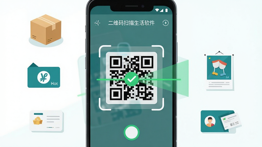 主体是一部竖屏安卓手机,屏幕中央显示二维码扫描取景框与绿色扫描线,取景框内是一个清晰的二维码图案;布局为手机居中、周围环绕生活场景小图标如快递箱、收款牌、海报、名片;排版简洁上下留白;风格为清爽扁平化科技插画,主色为青绿色与白色;细节包含扫描光束、识别成功的对勾标记、界面上的“二维码扫描生活软件”文字;画质高清、干净、无多余元素