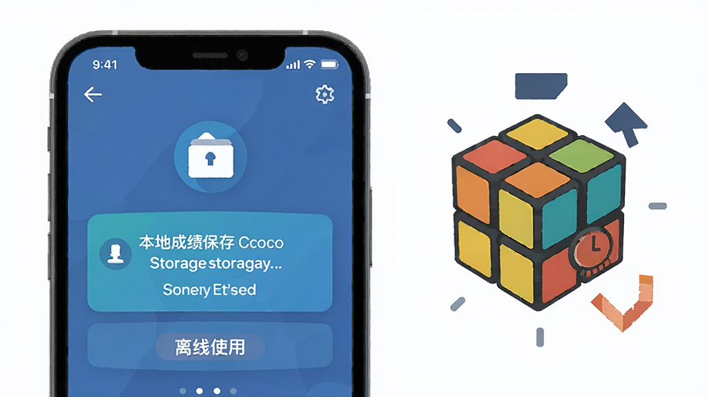 一张AI生成的手机存储与离线使用示意图,主体为手机屏幕显示本地成绩保存提示,旁边有魔方还原计时图标,布局为左右结构,风格为科技感扁平插画,细节包括存储图标和离线标识,画质高清,画面干净,无多余元素