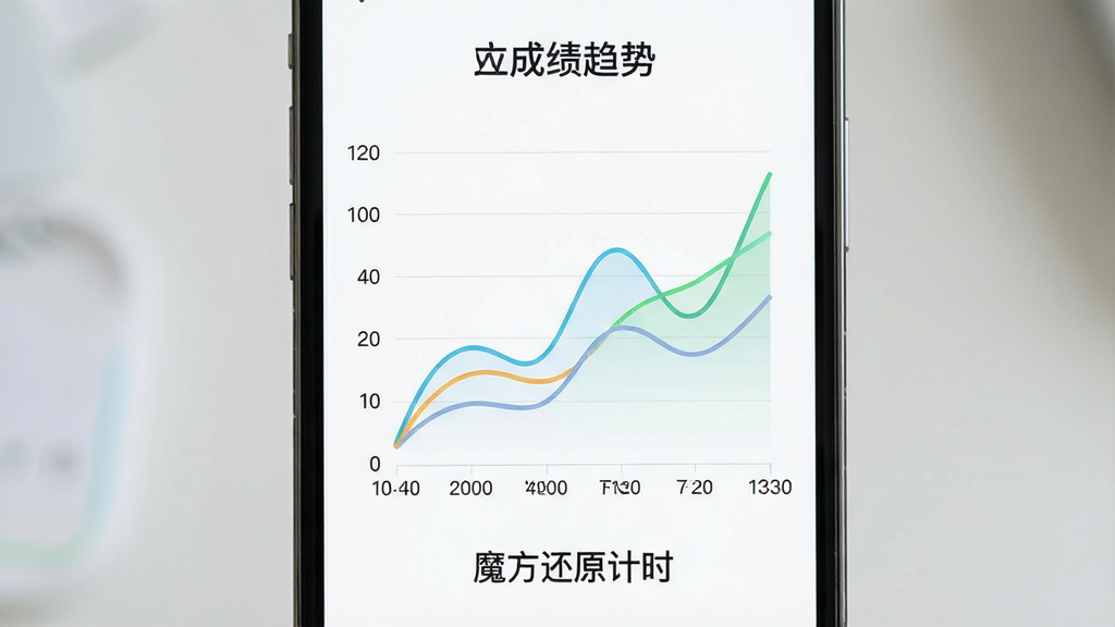 一张AI生成的数据统计界面图,主体为手机屏幕展示成绩趋势折线图,图表下方标注魔方还原计时字样,布局为图表居中、标题在上,风格为清新浅色数据可视化,细节包括平滑曲线和刻度标签,画质高清,画面干净,无多余元素