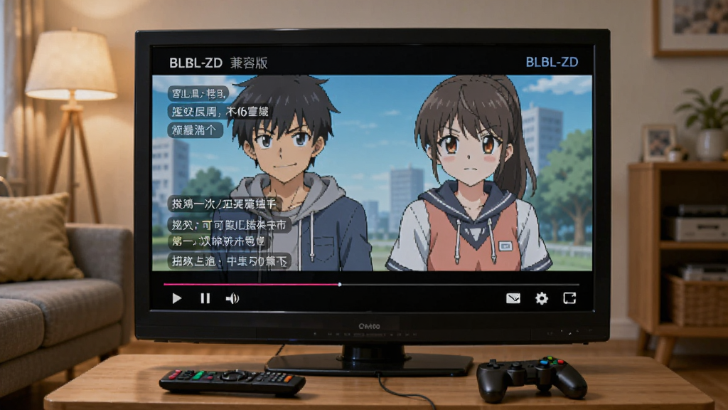 一台老式液晶电视屏幕上显示着BLBL-ZD兼容版的视频播放界面,画面中有动漫人物和飘过的弹幕文字,电视下方摆放着遥控器和游戏手柄,客厅环境温馨,光线柔和,画质清晰干净,无多余元素