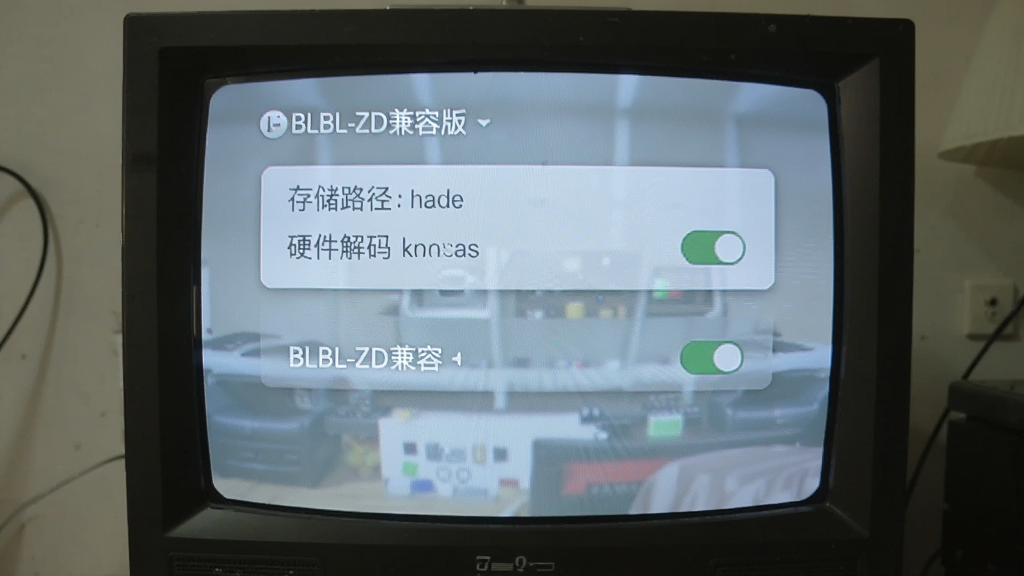 BLBL-ZD兼容版在老旧电视上的设置界面截图风格,显示存储路径切换和硬件解码开关选项,界面简洁,配色柔和,画质清晰