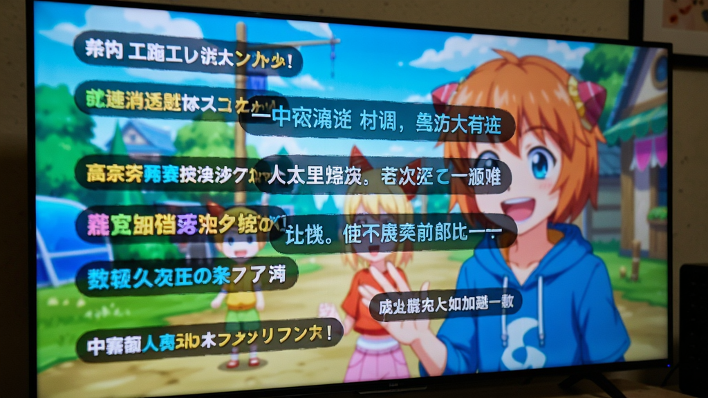 电视大屏播放视频时弹幕从右向左飘过的画面特写,弹幕文字清晰可读,画面色彩鲜艳,背景为动漫场景,整体风格活泼,画质干净无噪点