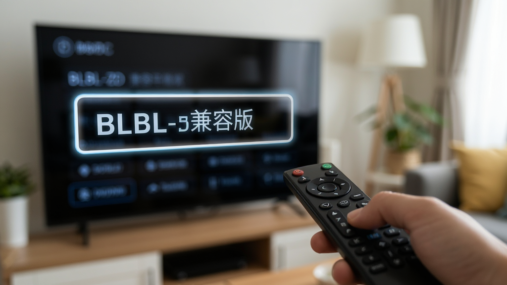 一只手握着电视遥控器对准电视屏幕,屏幕上显示BLBL-ZD兼容版的焦点选中状态,界面元素有高亮边框,客厅背景虚化,风格生活化,画质清晰