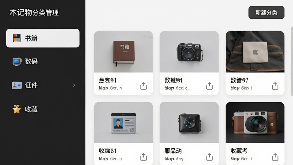 一木记物分类管理界面,左侧为分类列表栏展示“书籍”“数码”“证件”“收藏”等分类标签,右侧为对应分类下的物品卡片展示区,卡片上带有物品名称与缩略图,顶部有新建分类按钮,界面风格简约清爽,布局清晰,画质细腻干净
