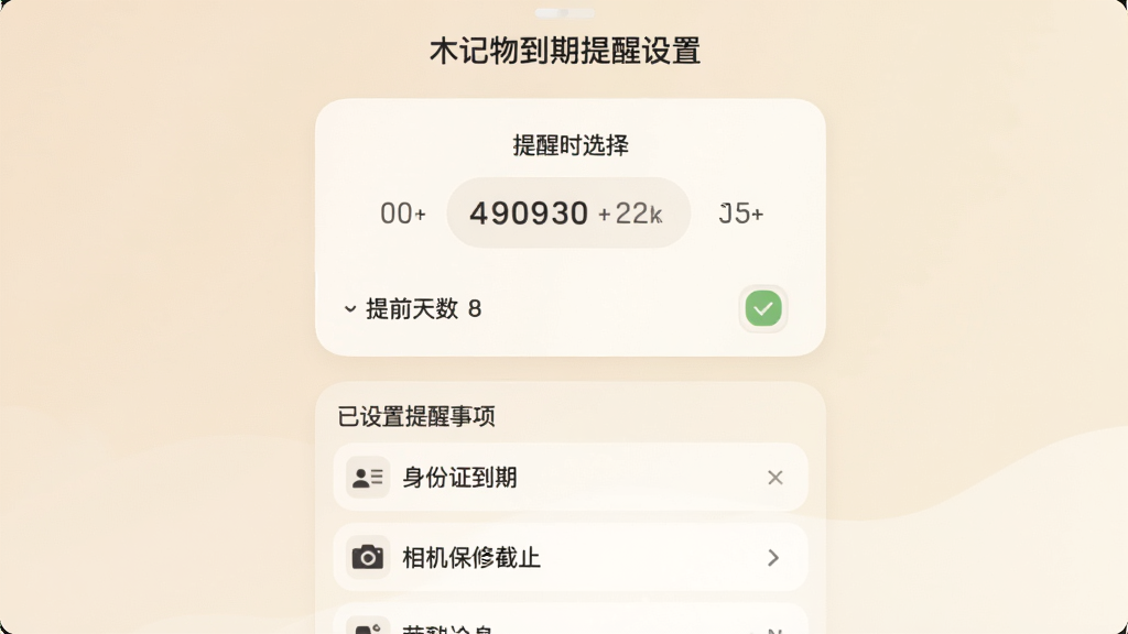 一木记物到期提醒设置界面,中央为提醒时间选择器与提前天数选项,下方为已设置的提醒事项列表,包含“身份证到期”“相机保修截止”等条目,界面采用柔和圆角卡片设计,色调温和,排版整洁,画质清晰无杂乱元素