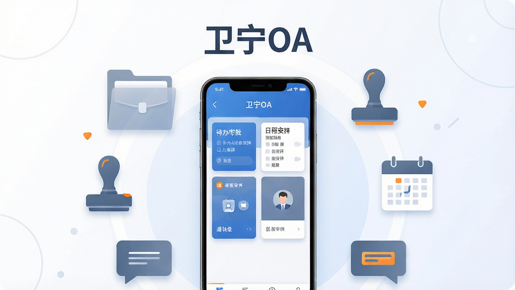 画面主体为一部竖屏智能手机,屏幕中央展示蓝白色调的移动办公工作台界面,包含待办审批、日程安排、通讯录等卡片式模块,手机周围环绕半透明的公文夹、印章、日历与消息气泡图标;布局采用居中对称构图,手机位于画面正中,辅助元素沿环形均匀分布;排版清爽,上方留白放置