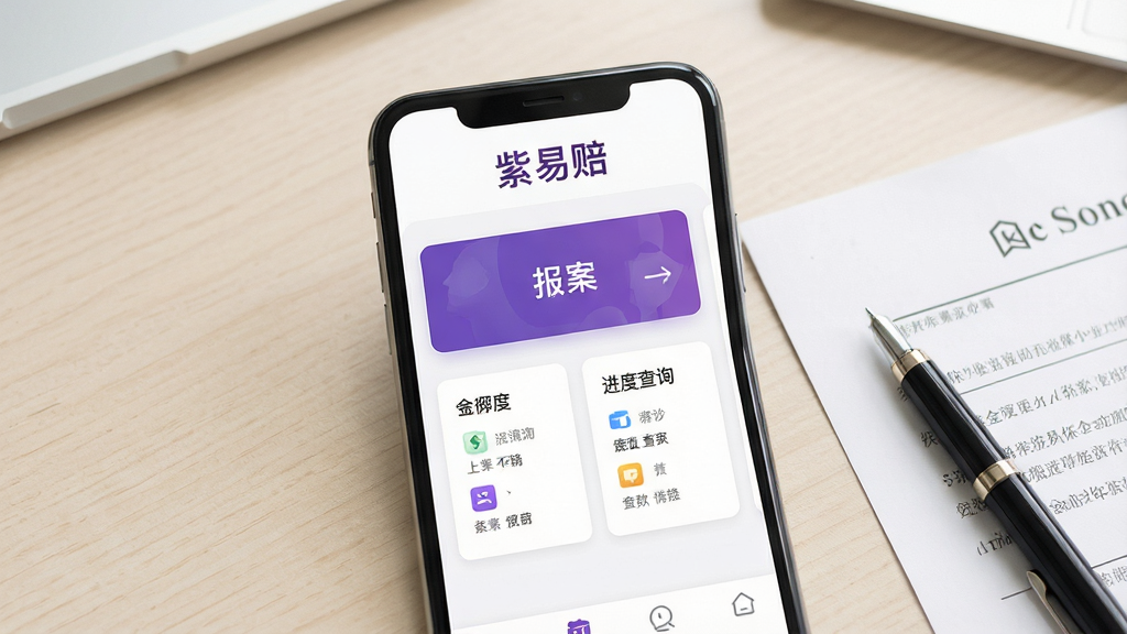 一张手机屏幕展示紫易赔应用主界面的场景图,画面中央是手机正面竖屏,屏幕内显示简洁的保险理赔服务首页,顶部有紫易赔应用名称标识,中部为报案入口和进度查询卡片,背景为浅色办公桌面,旁边放置一份纸质保单和一支笔,整体风格清爽商务,细节清晰,画质干净,无多余元素