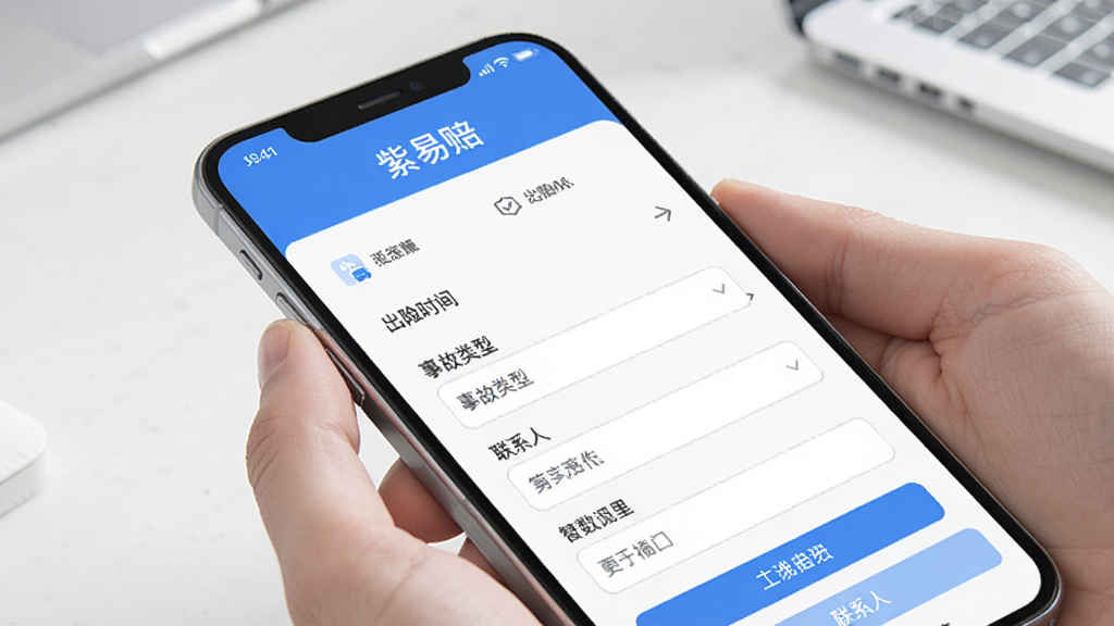 紫易赔应用内报案页面示意图,手机屏幕显示分步骤表单界面,包含出险时间、事故类型、联系人等填写项,界面以蓝白色调为主,风格简洁专业,画质清晰干净