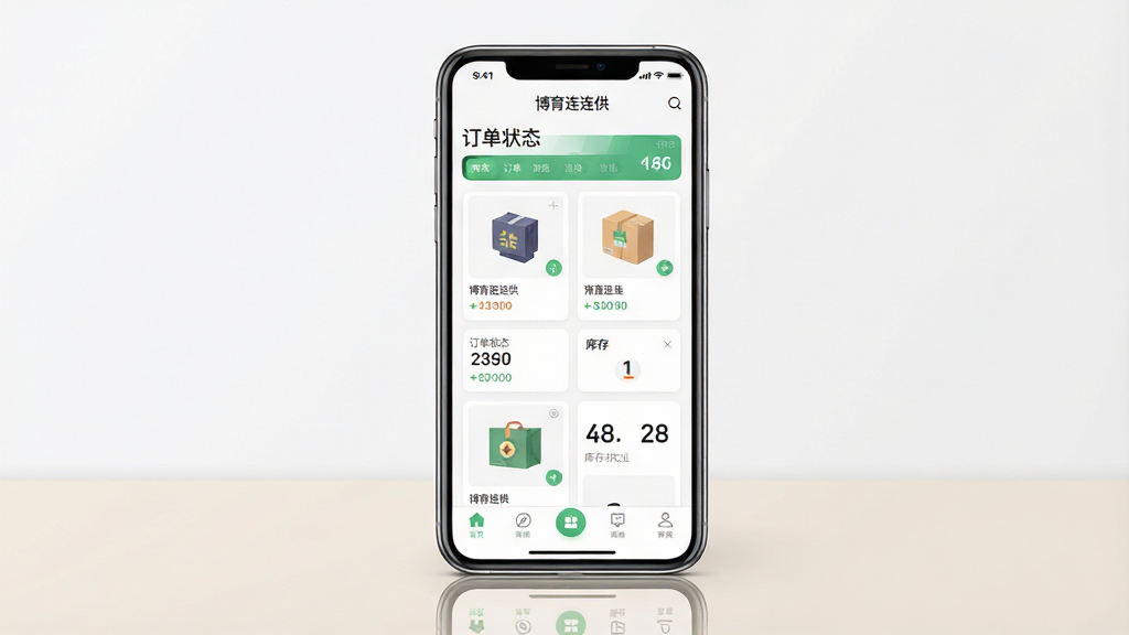 一张手机应用界面展示图,主体是一部竖屏智能手机,屏幕内呈现“博育连连供”的首页,包含商品列表卡片、订单状态栏和库存数字模块,布局为居中构图,手机下方有浅色桌面倒影,风格为清爽的扁平化UI展示风,细节包括顶部状态栏、底部导航栏和圆形功能图标,画质高清,画面干净,无多余元素