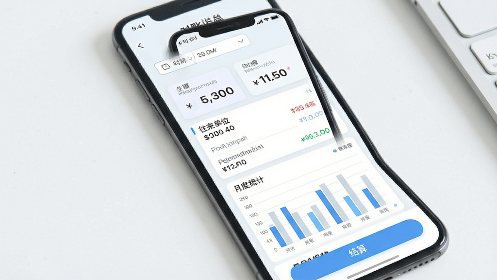 一张往来对账数据展示图,主体为手机屏幕内的对账汇总页面,画面包含金额数字卡片、往来单位列表和月度统计条形图,布局为纵向排列,风格为浅色清爽风,细节包括顶部时间筛选器和底部结算按钮,画质高清,画面干净,无多余元素