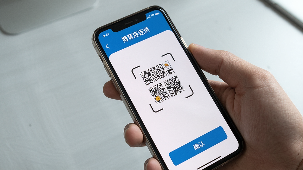 一张移动端操作场景图,主体为一只手握持手机,屏幕内显示“博育连连供”的扫码录入界面,画面背景为简洁的浅灰桌面,布局为近景特写,风格为真实使用场景风,细节包括手机边框、扫码框和底部确认按钮,画质清晰,画面干净,无多余元素