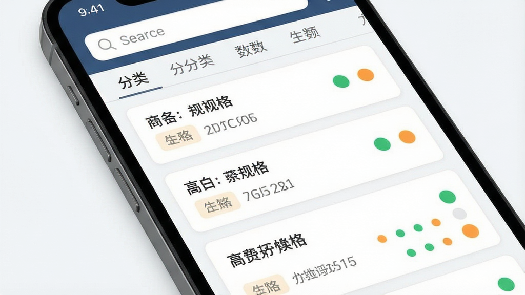 一张商品库存管理示意图,主体为手机屏幕内的库存列表界面,画面中央排列多行商品卡片,每张卡片带有名称、规格和数量标签,右侧有绿色和橙色的库存状态圆点,布局为上下结构,风格为简洁商务风,细节包括顶部搜索框和分类标签栏,画质清晰,画面干净,无多余元素