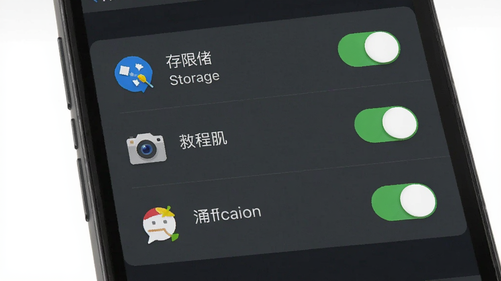 一张手机安装权限设置示意图,主体为手机屏幕内的应用权限管理页面,画面显示存储、相机、通知三项权限开关,布局为纵向列表,风格为系统设置界面风,细节包括权限图标和开关按钮,画质清晰,画面干净,无多余元素
