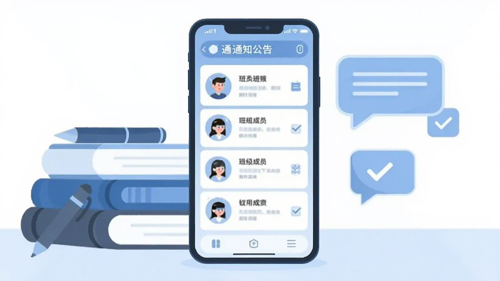 画面中央放置一部智能手机,屏幕显示班级成员列表与通知公告界面,手机左侧是几本叠放的书本和一支笔,右侧漂浮着对话气泡与勾选图标,整体采用扁平化插画风格,浅蓝与白色为主色调,背景干净留白,画质清晰,无多余装饰元素
