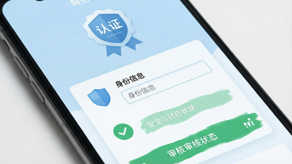 一张表现实名认证与安全核验概念的应用界面图,画面为手机屏幕特写,屏幕内显示认证徽章图标、身份信息填写框与审核状态提示,排版为纵向卡片式布局,风格为简洁商务浅蓝配色,细节包含对勾图标、盾牌标识、文字状态条,画质清晰,干净,无多余元素