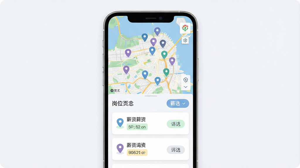 一张展示地图定位与兼职岗位分布的界面示意图,画面主体为手机屏幕,屏幕上半部分为城市地图,地图上散布多个定位标记点,下半部分为岗位卡片列表,排版上地图与列表上下分布,风格为清爽浅色系扁平设计,细节包含定位图标、薪资文字标签、筛选按钮,画质清晰,干净,无多余元素
