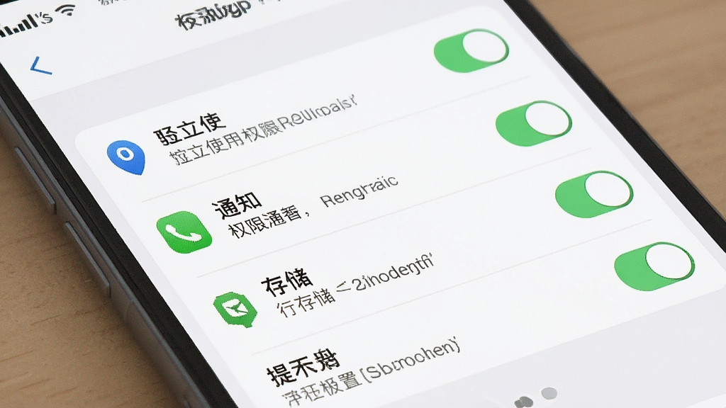 一张表现手机安全使用与权限设置提示的示意图,画面为手机屏幕显示权限管理列表,包含定位、通知、存储等开关选项,排版为纵向列表布局,风格为浅色简约系统设置界面风格,细节包含开关按钮、图标、说明文字,画质清晰,干净,无多余元素