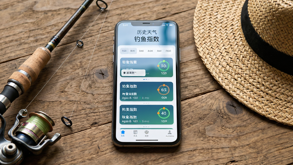 主体为一部智能手机,屏幕上显示历史天气查询钓鱼指数应用界面,包含日期列表与钓鱼指数评分卡片;布局为手机居中放置于木质桌面,旁边摆放钓鱼竿与草帽;排版简洁清爽,上方留白;风格为写实生活摄影风;细节包括屏幕反光、桌面纹理、自然光线;画质高清、干净、无多余元素