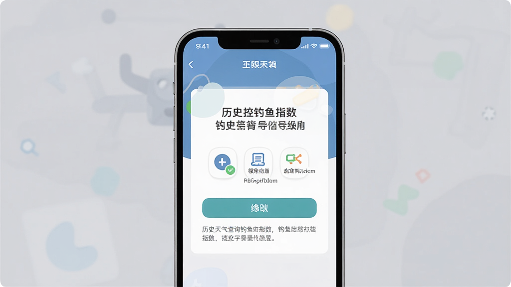 主体为手机屏幕特写,显示历史天气查询钓鱼指数应用的权限设置引导页;布局为手机居中,背景为柔和灰色;排版突出提示文字区域;风格为扁平插画风;细节包括权限图标、确认按钮、说明文字;画质高清、干净、无多余元素