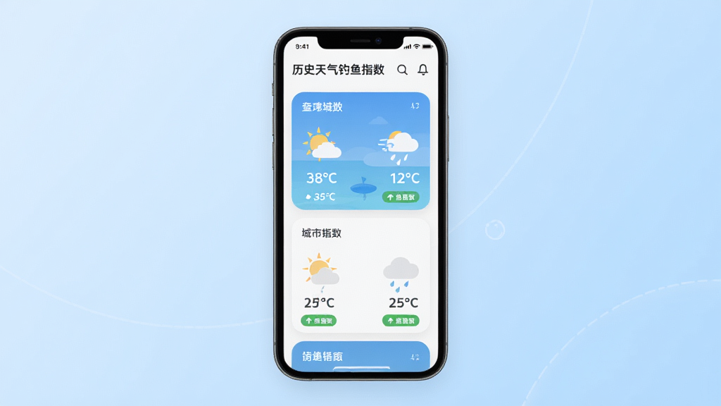 主体为历史天气查询钓鱼指数应用的城市管理页面,屏幕显示多个城市卡片与对应天气图标;布局为手机正面展示,背景为淡蓝色渐变;排版整齐;风格为清新扁平风;细节包括城市名称、温度数字、钓鱼指数标识;画质高清、干净、无多余元素