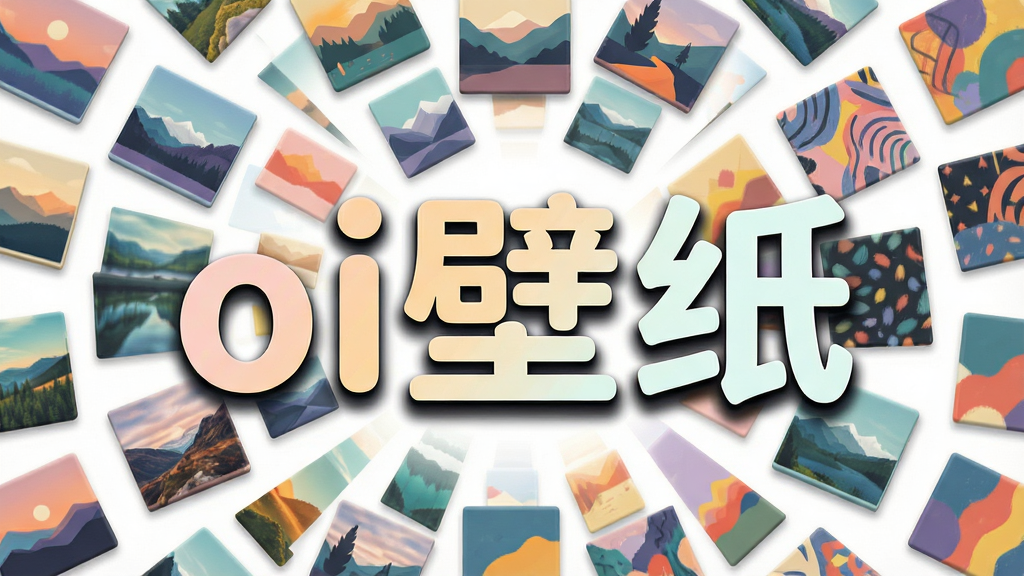 一张以“oi壁纸”文字为视觉中心的创意海报,文字采用圆润无衬线字体,周围环绕着错落排布的小型壁纸缩略图方块,方块内呈现不同色调的风景与抽象图案,布局采用中心放射式构图,风格活泼明快,细节包括文字边缘的柔和投影和缩略图方块的轻微立体感,画质高清干净,无杂乱装饰