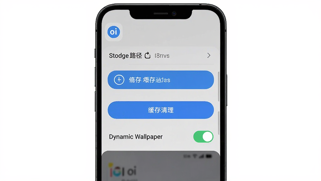 一部手机屏幕显示oi壁纸应用的设置界面,界面中包含存储路径选择、缓存清理按钮和动态壁纸开关选项,布局为纵向列表式,风格简约实用,细节包括按钮的圆角设计和图标的小巧精致,画质清晰干净,无多余装饰