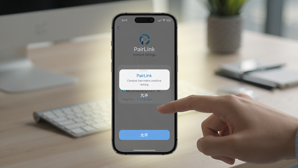 主体是一部手机屏幕显示 PairLink 的连接设置页面,旁边有一只手正在点击“允许”按钮;布局为手机居中、手从右侧伸入;排版突出屏幕内容;风格为写实风格数码产品展示;细节包括屏幕上有权限弹窗、背景为模糊的办公桌面、周围有浅色光晕;画质清晰,干净,无多余元素