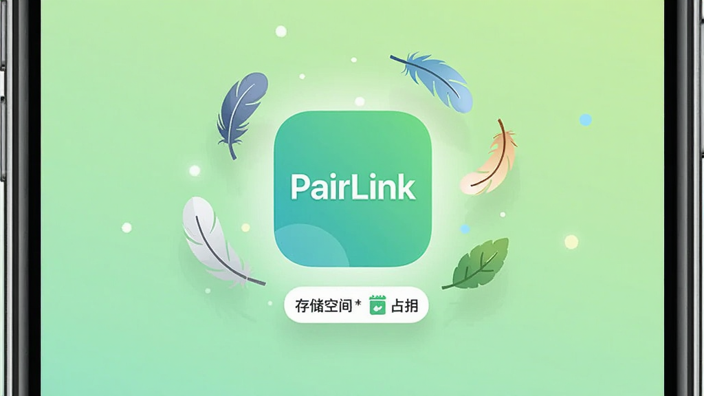画面主体是一个小巧的应用程序图标悬浮在手机屏幕中央,图标周围环绕着羽毛、树叶等轻盈元素;布局为居中构图,背景为浅绿色渐变;排版简洁明快;风格为清新扁平插画;细节包括图标上带有 PairLink 字样、下方有存储空间占用的小标签、四周有细微的光晕;画质清晰,干净,无多余元素