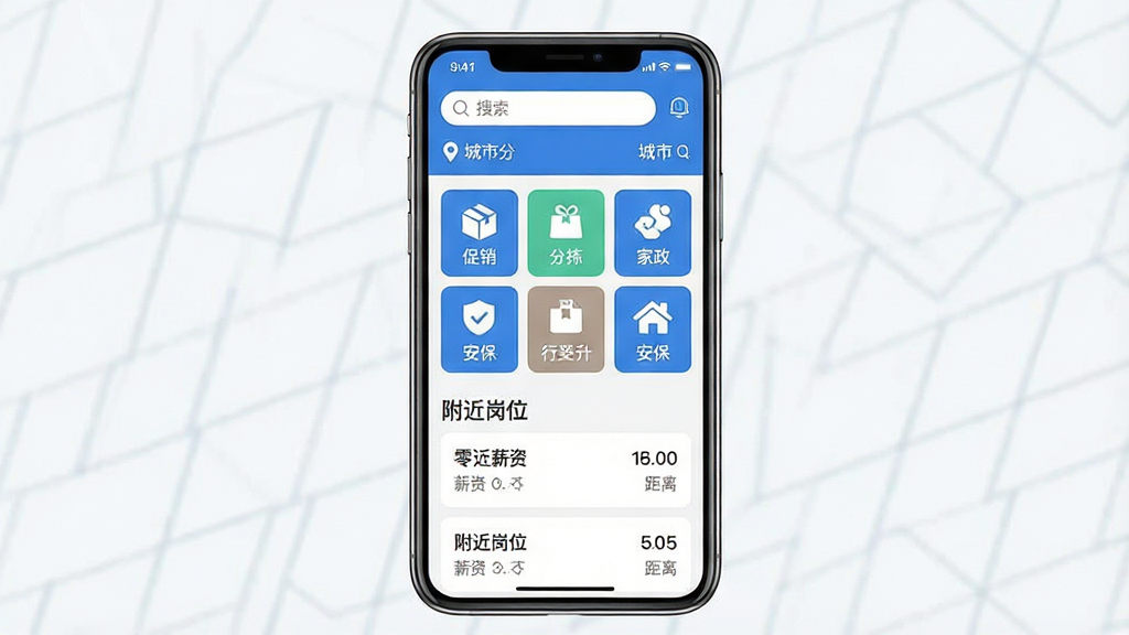 һ���ֻ�Ӧ�ý���չʾͼ������������һ�����������ֻ�����Ļ�ڳ����㹤��ҵAPP����ҳ���֣�����Ϊ����������ж�λ���в�Ϊ��λ����ͼ�����񣬰����������ּ𡢼�����������ͼ�꣬�·�Ϊ������λ�б���Ƭ��ÿ�ſ�Ƭ��ʾн������롣���岼���������Ű����룬���Ϊ��ˬ�ı�ƽ��UI��ƣ���ɫ������Ϊ����ϸ�ڸɾ����䣬���ʸ��壬����ɾ��޶���Ԫ��