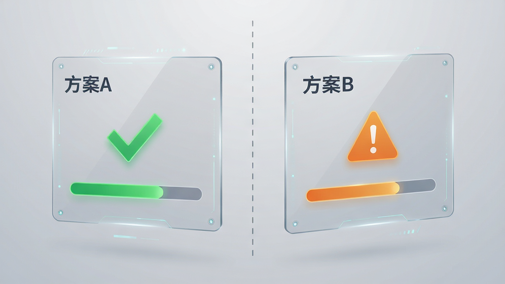 两块半透明面板并排悬浮在空中,左侧面板标注「方案A」并显示绿色对勾与评分条,右侧面板标注「方案B」并显示橙色警示图标与评分条,中间有一条竖直虚线分隔,背景为浅灰色渐变,风格为科技感信息图,细节清晰,画质干净,无多余元素