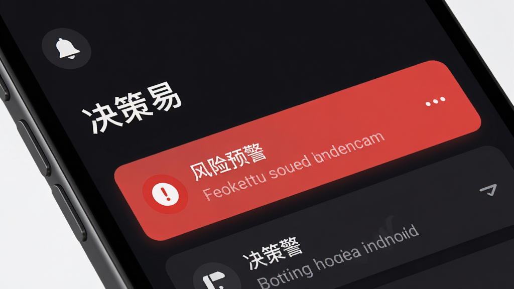 手机屏幕特写,显示「决策易」风险预警列表,其中一条记录用红色高亮标注并配有感叹号图标,屏幕上方有铃铛图标,背景为深色模式界面,风格为现代UI展示图,细节锐利,画质清晰,画面整洁