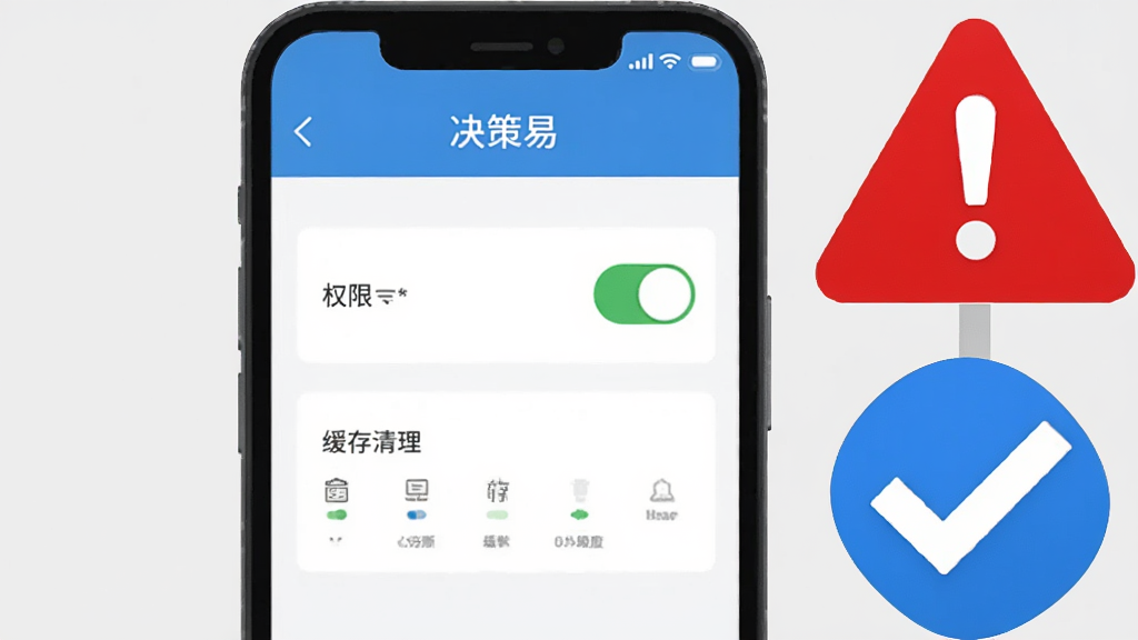 一部手机屏幕显示「决策易」设置页面,页面中有权限开关与缓存清理选项,手机旁边放着一个红色警示三角图标和一个蓝色对勾图标,背景为浅灰色,风格为扁平化说明插画,细节清晰,画质干净,无多余元素