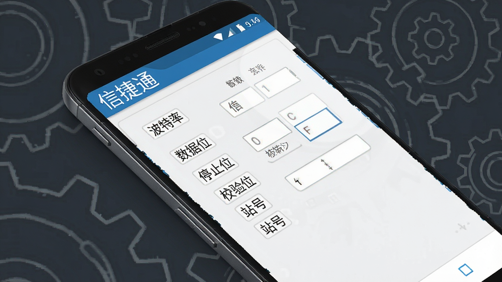 画面主体为一部安卓手机特写,屏幕显示信捷通软件的参数配置表单,表单包含波特率、数据位、停止位、校验位、站号等字段,字段旁有中文标签;手机斜放在深灰色背景前,背景中有淡化的工业齿轮线条图案;风格为科技感UI展示,排版突出手机屏幕内容,细节锐利,画质清晰干净