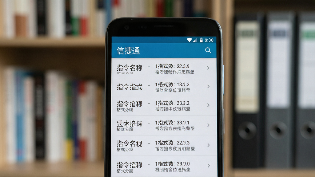 画面主体为安卓手机屏幕特写,屏幕显示信捷通软件的指令速查列表页,列表中排列着多条指令条目,每条包含指令名称与格式说明文字;手机背后为虚化的书架与资料册背景;风格为学习办公场景,排版突出屏幕内容,光线柔和,细节清晰,画质干净