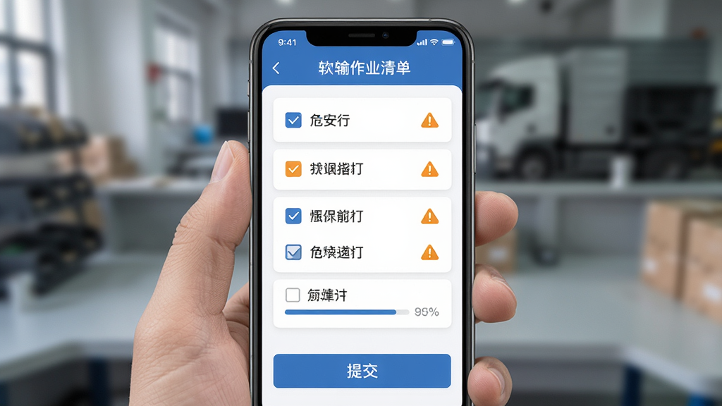 ����ΪΣ��������������ҵ�嵥���棬����Ϊ�ֻ���Ļ����չʾ��������ѡ�б����Ű�Ϊ����������в������ӵײ��ύ��ť�����Ϊ��ˬ�Ŀ�Ƭʽ�ƶ���UI��ƣ�ϸ�ڰ�����ѡ�򡢾�ʾ����ͼ��������������������ɾ��������пɳ���