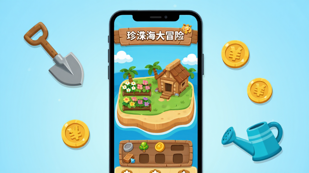 卡通风格手机游戏界面示意图,画面为一部竖屏智能手机,屏幕中显示海岛经营游戏的建造界面,有花圃、木屋和资源栏,手机周围散落着小铲子、水壶和金币图标,背景为浅蓝色渐变,风格为清爽的扁平化插画,构图居中,细节简洁,画质干净清晰,屏幕上方有